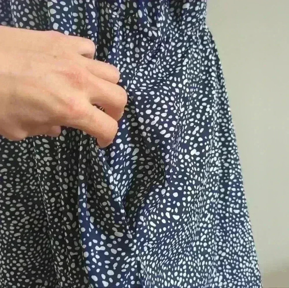 NEMIDOR | Women's Navy/White Dot Casual  V-Neck Faux Wrap Midi Dress - Picture 8 of 8